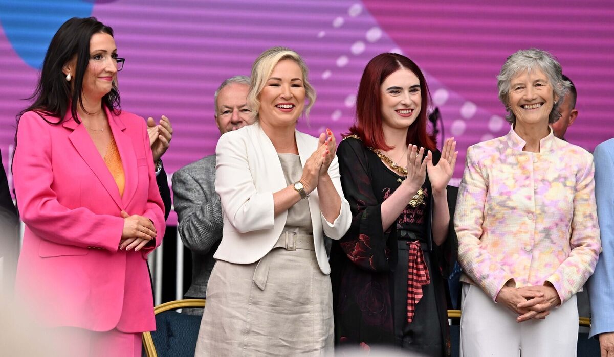 Deputy first minister Emma Little-Pengelly, first minister Michelle O'Neill, Belfast lord mayor Róis-Máire Donnelly, and President Catherine Connolly at the opening ceremony of Fleadh Cheoil na hÉireann 2026. Picture: Oliver McVeigh/PA Deputy first minister Emma Little-Pengelly, first minister Michelle O'Neill, Belfast lord mayor Róis-Máire Donnelly, and President Catherine Connolly at the opening ceremony of Fleadh Cheoil na hÉireann 2026. Picture: Oliver McVeigh/PA