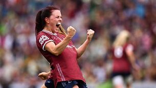 <p>Eva Noone of Galway celebrates after scoring what proved to be the winning point. Pic: Piaras Ó Mídheach/Sportsfile</p>
