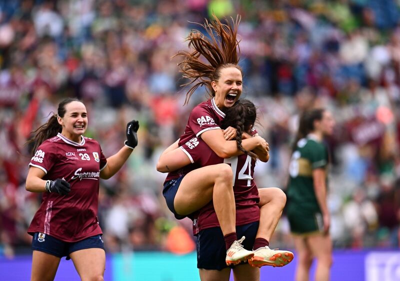 Galway players Olivia Divilly and Leanne Coen, 14, celebrate after victory in the LGFA TG4 All-Ireland Senior Championship final match against Kerry at Croke Park. Pic: Piaras Ó Mídheach/Sportsfile