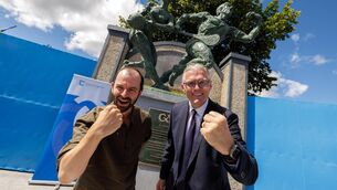 <p>Artist, Aidan Harte and Uachtaran of the Gaelic Athletic Association (GAA), Jarlath Burns in front of the bronze statue, entitled ÔAr gCluichi FeinÕ (Our Own Games), by artist Aidan Harte, created outside Semple Stadium to recognise the cultural importance of Gaelic games and to commemorate Tipperary as the birthplace of the Gaelic Athletic Association (GAA). Pic: Dylan Vaughan</p>