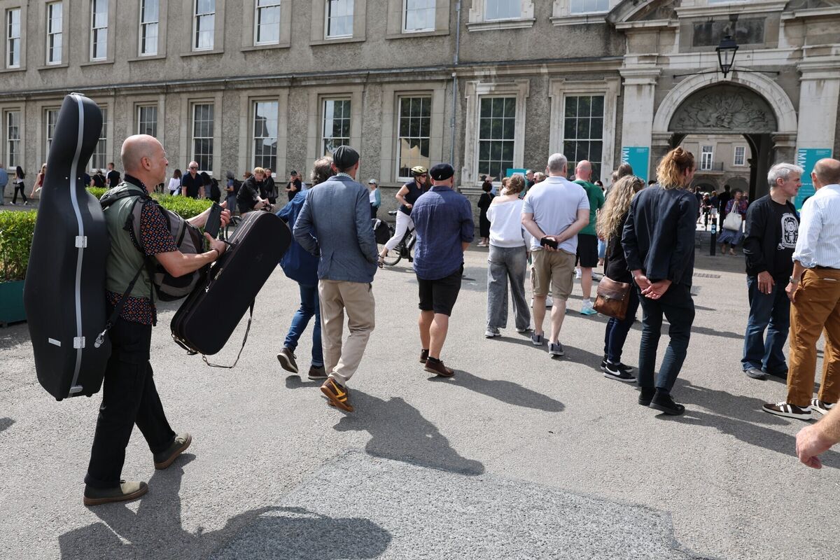 People queueing to attend a public wake for Glen Hansard at the Irish Museum of Modern Art (IMMA) in Dublin. The Oscar-winning Irish musician and activist died in a motorcycle crash last week. Photo: Damien Eagers/PA Wire