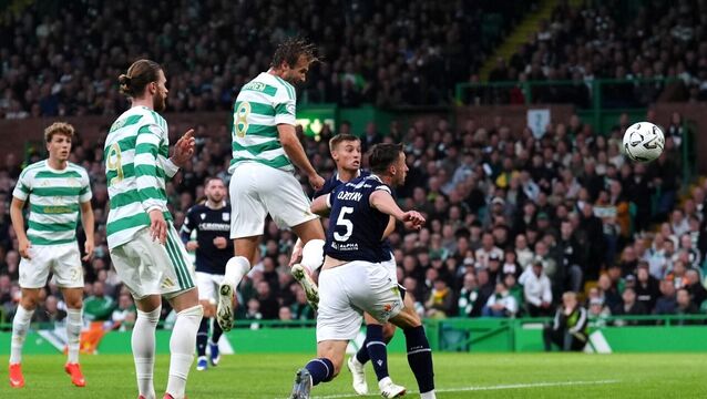 <p>Benjamin Nygren continued his goalscoring form of last season with a 52nd minute winning header against Dundee. Pic: Andrew Milligan/PA Wire.</p>