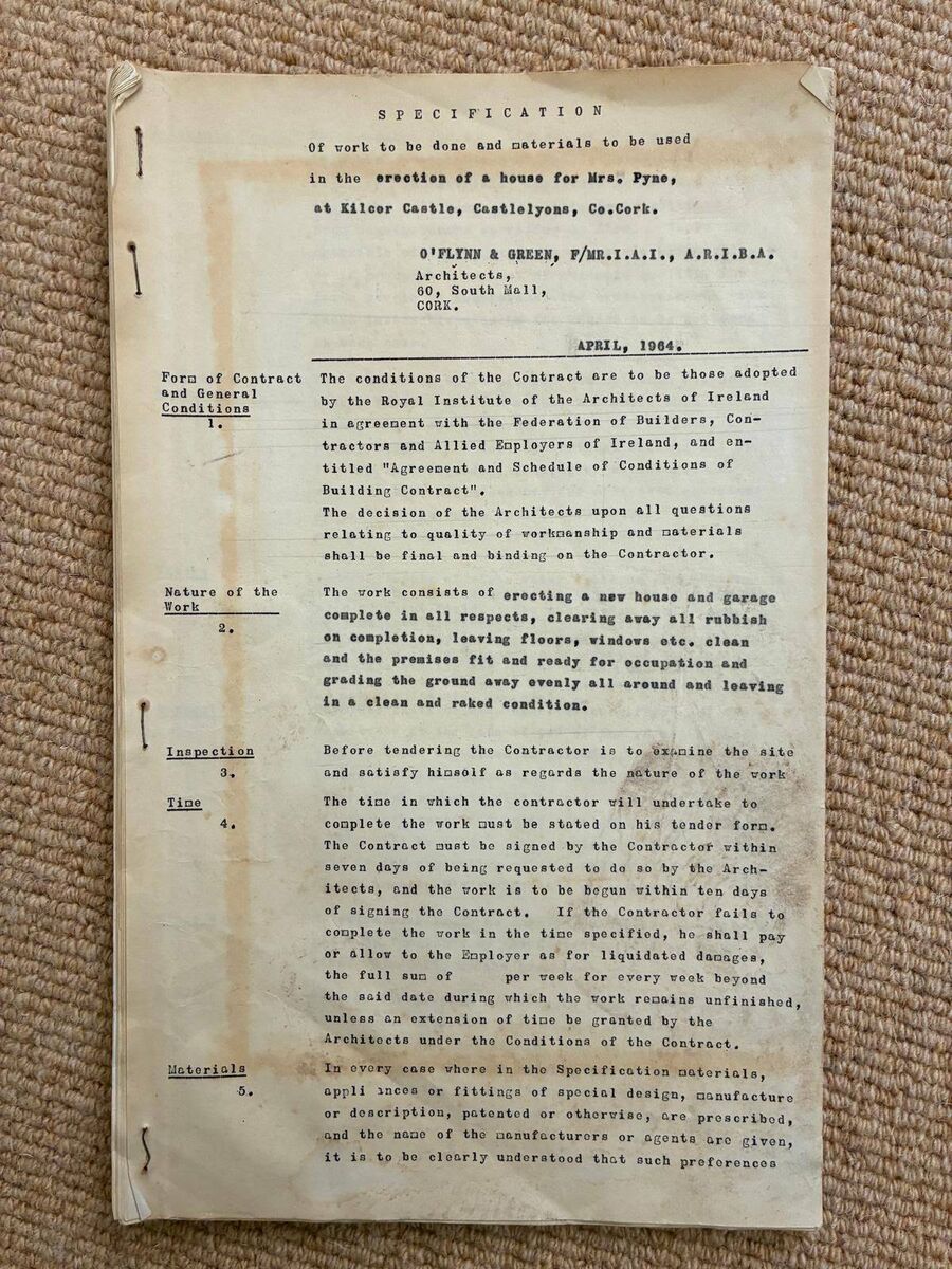 Specification of the work to be done and materials to be used in the construction of Sycamore Lodge in 1964