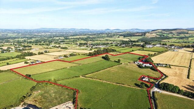 <p>Marked aerial photo of the 46-acre farm for auction at Shesharoe, Portroe, Co. Tipperary.</p>