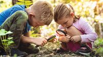 Kids exploring in forest with a magnifying glass
