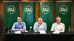 <p>FAI chief executive officer David Courell, left, FAI President Paul Cooke and FAI independent chairperson Tony Keohane, right, during an FAI Extraordinary General Meeting at the Aviva Stadium. Pic: Stephen McCarthy/Sportsfile</p>