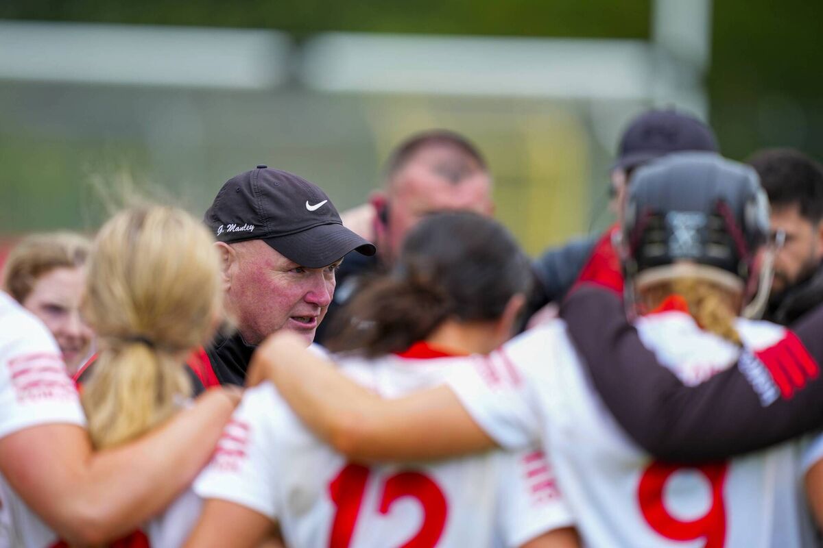 Cork manager Ger Manley speaks to his players after their round robin victory over Galway. Pic: ©INPHO/James Lawlor