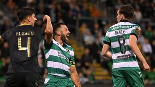 <p>Roberto Lopes of Shamrock Rovers, left, celebrates after scoring his side's second goal. Pic: Stephen McCarthy/Sportsfile</p>
