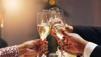 Hands, group and toast champagne at party in celebration, goals or connection for success in career at night. Business people, d