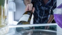 Close-up of a Man's Hand Reaching for a Chilled Bottle of Wine Inside a Refrigerator
