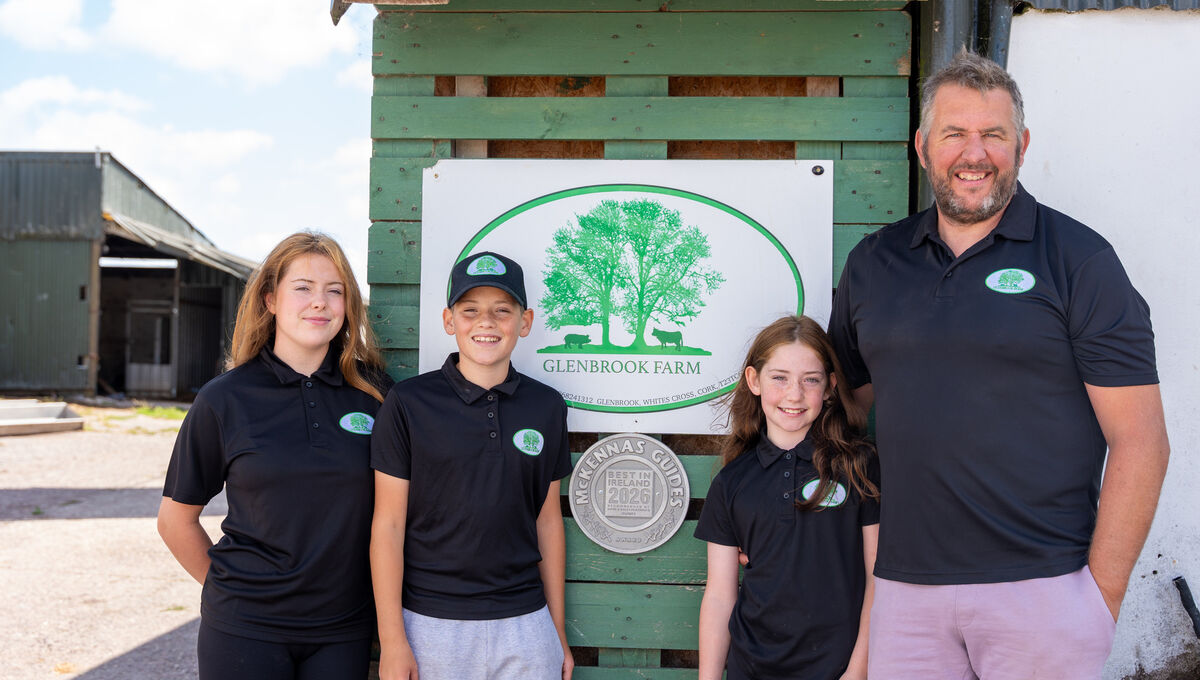Twomey siblings Annie May, Tadhg, and Florence with dad Peter at Glenbrook Farm. Picture: Noel Sweeney Twomey siblings Annie May, Tadhg, and Florence with dad Peter at Glenbrook Farm. Picture: Noel Sweeney