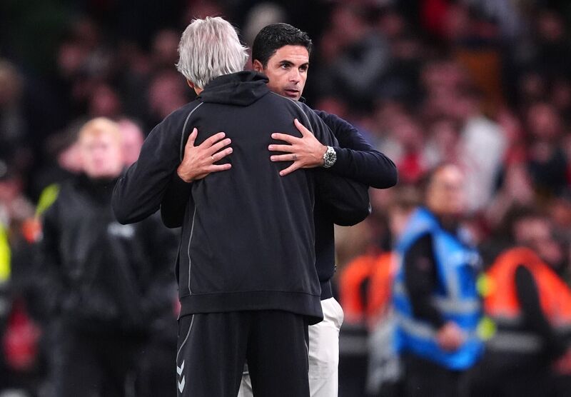 Arsenal manager Mikel Arteta (right) and Real Betis head coach Manuel Pellegrini after the final whistle. Pic: Brian Lawless/PA Wire. Arsenal manager Mikel Arteta (right) and Real Betis head coach Manuel Pellegrini after the final whistle. Pic: Brian Lawless/PA Wire.