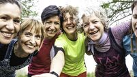 Happy multi generational women having fun together at city park - Multigenerational female friends taking selfie after sport wor