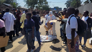 Health workers at the epicentre of the Ebola outbreak protest over unpaid wages at the provincial governor’s office in Ituri (Constant Same Bagalwa/AP) Health workers at the epicentre of the Ebola outbreak protest over unpaid wages at the provincial governor’s office in Ituri (Constant Same Bagalwa/AP)