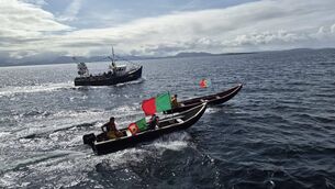 <p>Here they come: The ferry carrying Sam Maguire is escorted across from the mainland to Inishturk Island off Mayo.</p> <p>Here they come: The ferry carrying Sam Maguire is escorted across from the mainland to Inishturk Island off Mayo.</p>
