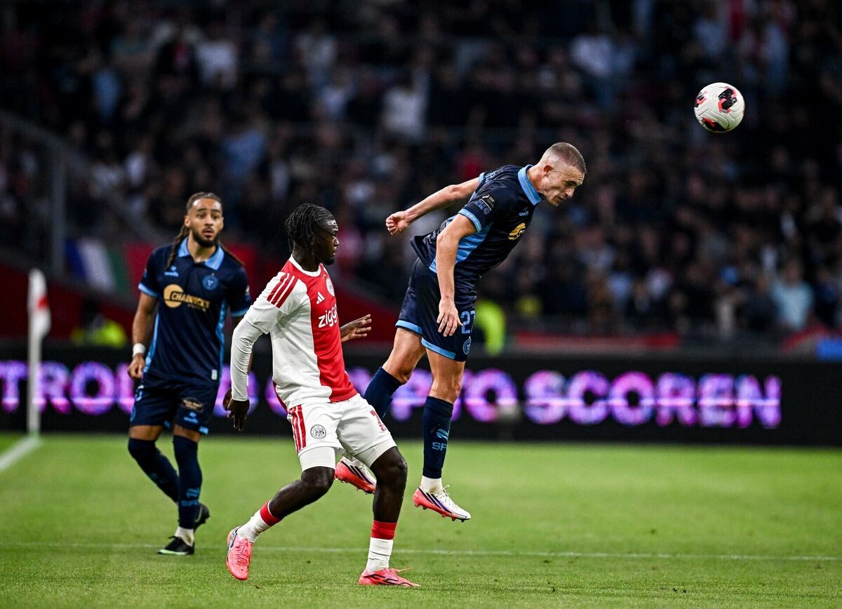 Evan Caffrey of Shelbourne in action against Jorthy Mokio of Ajax. Picture: Seb Daly/Sportsfile