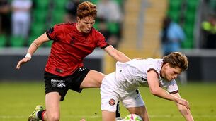 <p>ON THE FLOOR: Senan Mullen of Bohemians in action against Sofus Johannsen of Midtjylland during the UEFA Conference League Third Qualifying Round first leg match at Tallaght Stadium. Picture: Stephen McCarthy/Sportsfile</p> <p>ON THE FLOOR: Senan Mullen of Bohemians in action against Sofus Johannsen of Midtjylland during the UEFA Conference League Third Qualifying Round first leg match at Tallaght Stadium. Picture: Stephen McCarthy/Sportsfile</p>
