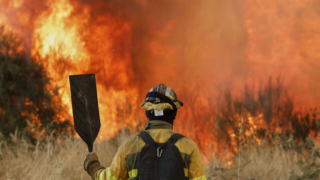 <p>A firefighter stands as he battles a wildfire in Veiga das Meas, northwestern Spain, Saturday, Aug. 16, 2025. (AP Photo/Lalo R. Villar)</p>