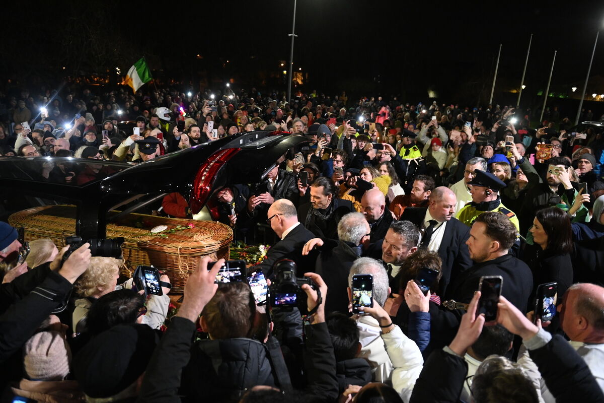 Crowds around the hearse bearing the remains of Shane MacGowan as it leaves St Mary of the Rosary Church, Nenagh, Co Tipperary, after his funeral Mass in 2023. Picture: Larry Cummins Crowds around the hearse bearing the remains of Shane MacGowan as it leaves St Mary of the Rosary Church, Nenagh, Co Tipperary, after his funeral Mass in 2023. Picture: Larry Cummins
