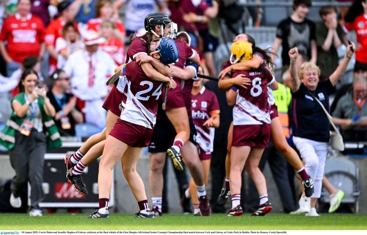 Carrie Dolan and Jennifer Hughes of Galway celebrate at the final whistle of the 2025 All-Ireland Camogie final. Pic: Ramsey Cardy/Sportsfile Carrie Dolan and Jennifer Hughes of Galway celebrate at the final whistle of the 2025 All-Ireland Camogie final. Pic: Ramsey Cardy/Sportsfile