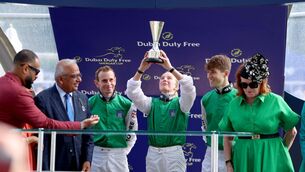 <p>WINNING FEELING: Jockey Saffie Osborne, alongside Ryan Moore and Dylan Browne McMonagle, holds the trophy after leading her team to victory in the Dubai Duty Free Shergar Cup Mile at Ascot Racecourse, Berkshire. Pic Steven Paston/PA Wire.</p> <p>WINNING FEELING: Jockey Saffie Osborne, alongside Ryan Moore and Dylan Browne McMonagle, holds the trophy after leading her team to victory in the Dubai Duty Free Shergar Cup Mile at Ascot Racecourse, Berkshire. Pic Steven Paston/PA Wire.</p>