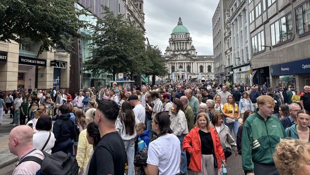 <p>Members of the public watch performers at Fleadh Cheoil na hÉireann 2026, in Belfast. Picture: Rebecca Black/PA Wire</p>