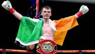 <p>Aaron McKenna celebrates after the fight. Pic: ©INPHO/Gary Carr</p>