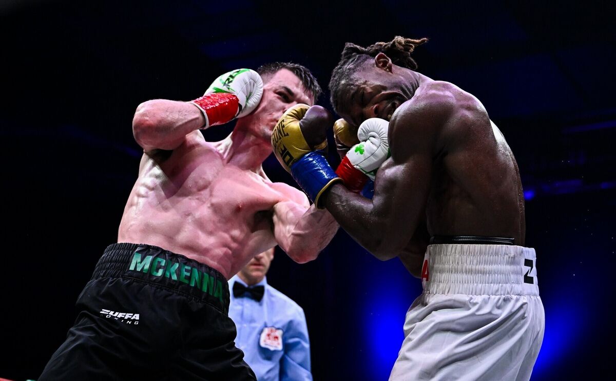 Aaron McKenna and Etinosa Oliha during their world middleweight title bout. Pic: David Fitzgerald/Sportsfile Aaron McKenna and Etinosa Oliha during their world middleweight title bout. Pic: David Fitzgerald/Sportsfile
