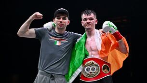 <p>Aaron McKenna celebrates with his brother Stevie after winning the IBF middleweight world title. Pic: David Fitzgerald/Sportsfile</p> <p>Aaron McKenna celebrates with his brother Stevie after winning the IBF middleweight world title. Pic: David Fitzgerald/Sportsfile</p>