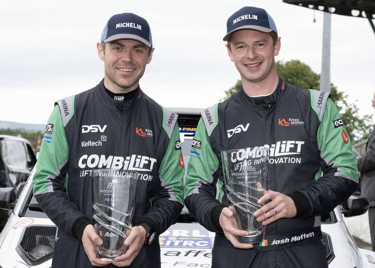 Monaghan's Josh Moffett (right) and his Wexford co-driver Andy Hayes (Toyota GR Yaris Rally2) won the Modern Tyres Ulster Rally, the penultimate round of the Irish Tarmac Rally Championship. Picture: Martin Walsh. Monaghan's Josh Moffett (right) and his Wexford co-driver Andy Hayes (Toyota GR Yaris Rally2) won the Modern Tyres Ulster Rally, the penultimate round of the Irish Tarmac Rally Championship. Picture: Martin Walsh.