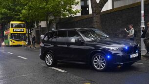 <p>Garda vehicles arriving at the Central Criminal Court in Dublin, where Daniel Kinahan is expected to appear charged with directing an organised crime group, after being extradited from Dubai. Picture: Mark Marlow/PA Wire</p>