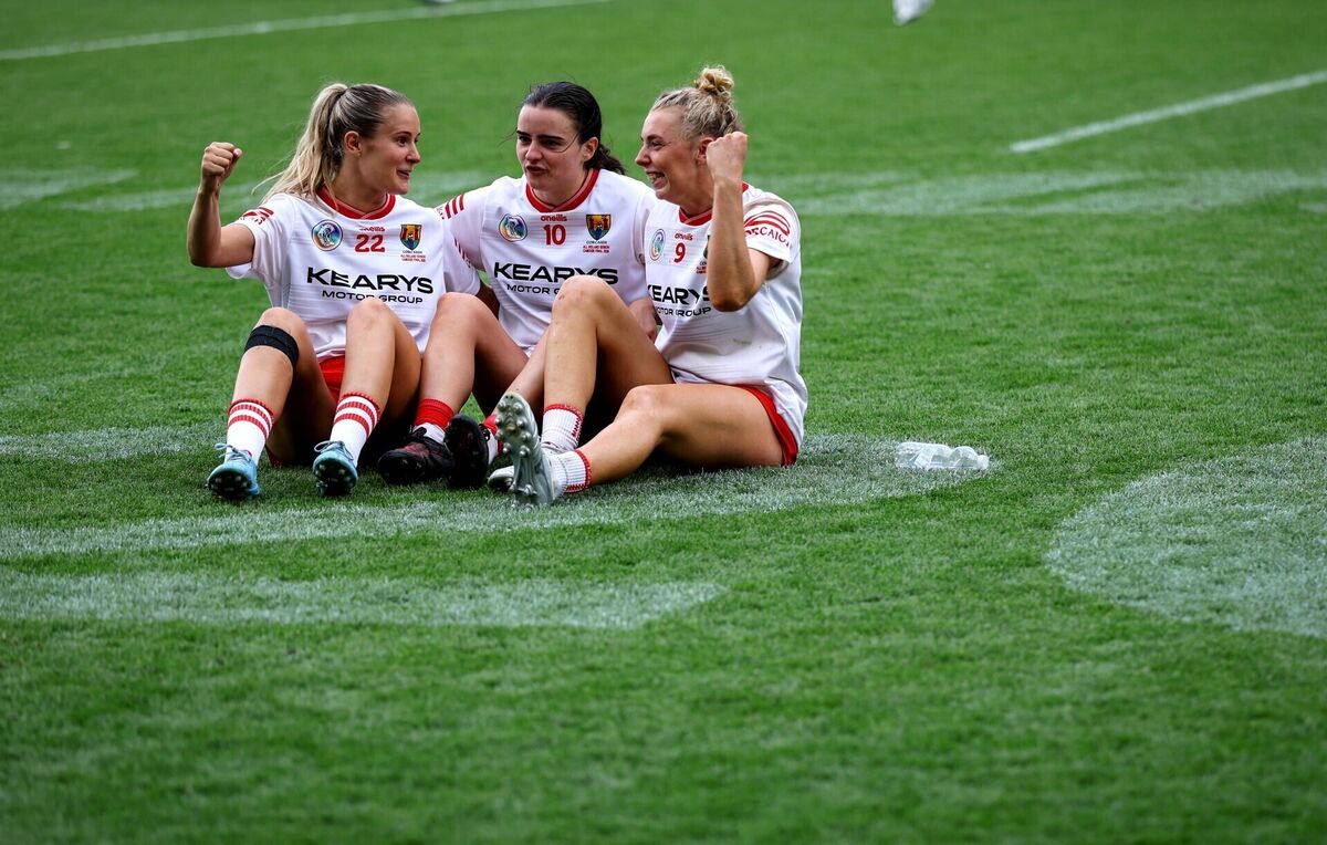 Cork's Ciara O'Sullivan, Emma Murphy and Laura Hayes celebrate after the match. Pic: Ben Brady/Inpho
