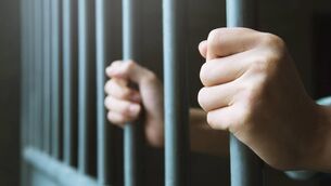 <p>Man in prison hands of behind hold Steel cage jail bars. offender criminal locked in jail. GenericCourtPic</p>