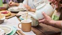 Man Pouring Tea for Young Girl and Woman during Outdoor Gathering