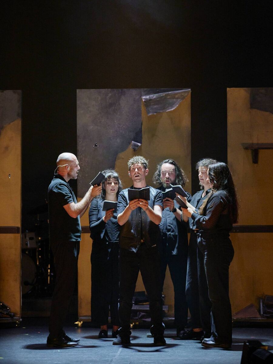 Romain Bly, Josephine Besancon, Caimin Gilmore, Oisin Walsh-Peelo, Clara Baget, Maria Ryan in The Curing Line by Michael Gallen. Picture: Ros Kavanagh Romain Bly, Josephine Besancon, Caimin Gilmore, Oisin Walsh-Peelo, Clara Baget, Maria Ryan in The Curing Line by Michael Gallen. Picture: Ros Kavanagh