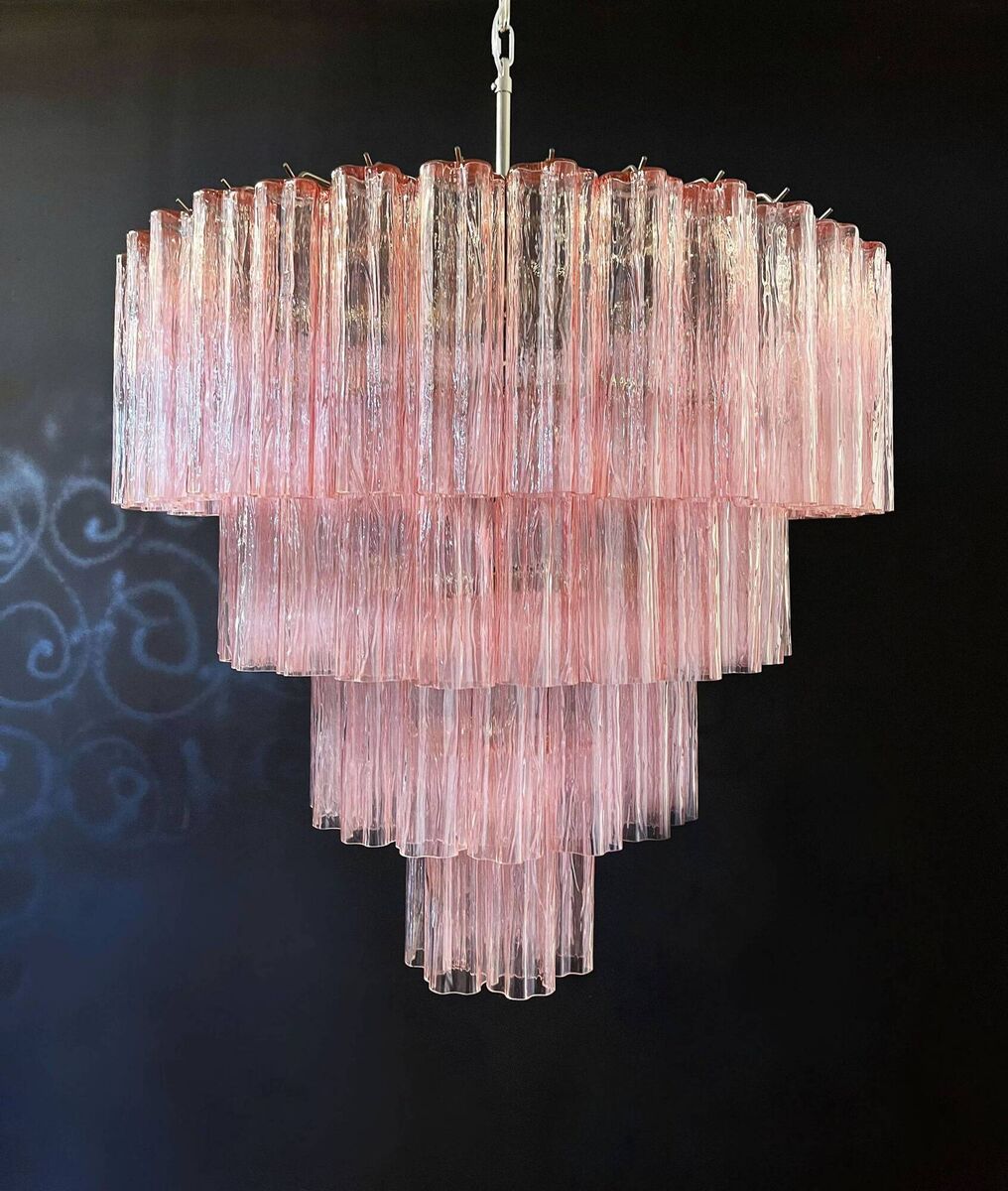 Murano chandelier: 78-element, pink alabaster-style glass chandelier, shown with patinated chrome frame; made to order, €2990, Murano Classics. Murano chandelier: 78-element, pink alabaster-style glass chandelier, shown with patinated chrome frame; made to order, €2990, Murano Classics.