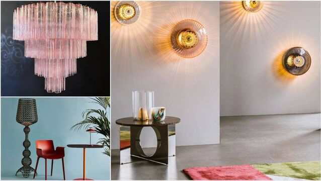 <p>Murano chandelier, Murano Classics, above left; New Wave Optic wall lamp, right; and the Kartell Kabuki, below left. </p>