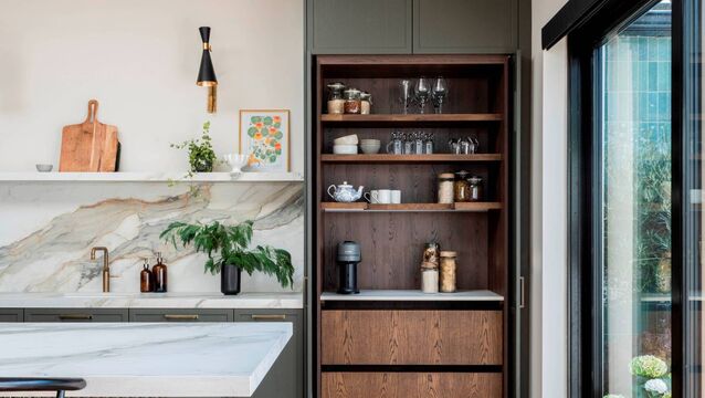 <p>A stunning bespoke pantry cupboard in gorgeous timber laminates from Noel Dempsey Kitchens (Dublin) curates a coffee lover's collection and offers oodles of extra storage. Pantries and built-in barista areas can be used for anything from working over a short desk to pastry-making.</p>