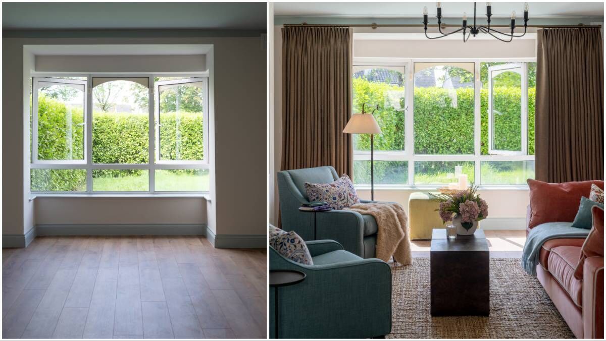 The living room in Novas, The Recovery Haven, before, left, and after. The living room in Novas, The Recovery Haven, before, left, and after.