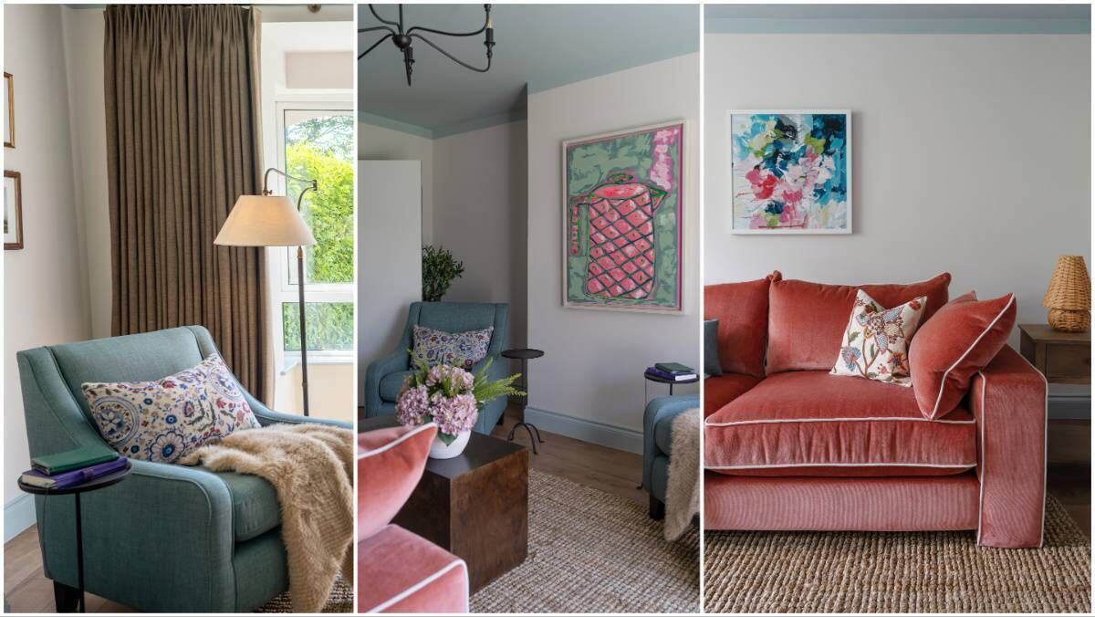 Kian accent chair in Sky, Dfs, left, artwork, centre, donated by Carol Ahern, and the Joules Gilmorton sofa, Dfs, with art donated by Caroline Duffy and rug from Kukoon. Kian accent chair in Sky, Dfs, left, artwork, centre, donated by Carol Ahern, and the Joules Gilmorton sofa, Dfs, with art donated by Caroline Duffy and rug from Kukoon.