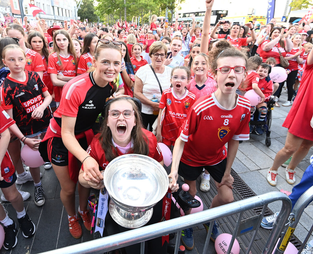 Cork Camogie captain Méabh Cahalane celebrating their All-Ireland final victory over Galway with supporters at the homecoming in Cork City. Picture: Eddie O'Hare Cork Camogie captain Méabh Cahalane celebrating their All-Ireland final victory over Galway with supporters at the homecoming in Cork City. Picture: Eddie O'Hare
