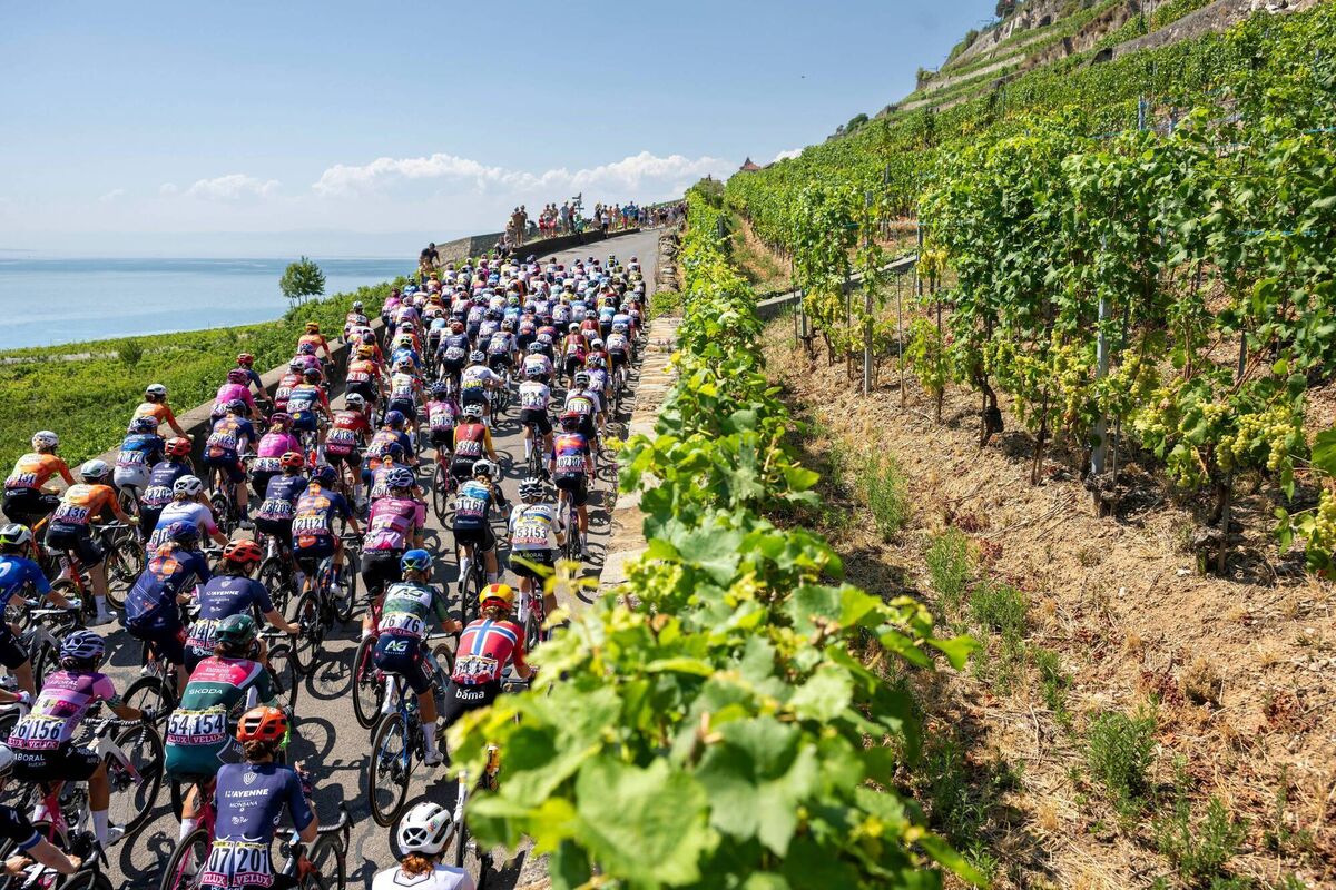 The peloton passes through the village of Chexbres during the second stage of the Tour de France Femmes, in Chexbres, Switzerland. Pic: Jean-Christophe Bott/Keystone via AP The peloton passes through the village of Chexbres during the second stage of the Tour de France Femmes, in Chexbres, Switzerland. Pic: Jean-Christophe Bott/Keystone via AP