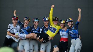 <p>The Netherlands' Demi Vollering, centre, celebrates with her team after winning the Women's Tour de France cycling race (Tour de France Femmes) in Nice on Sunday. Picture: Philippe Magoni/AP</p>