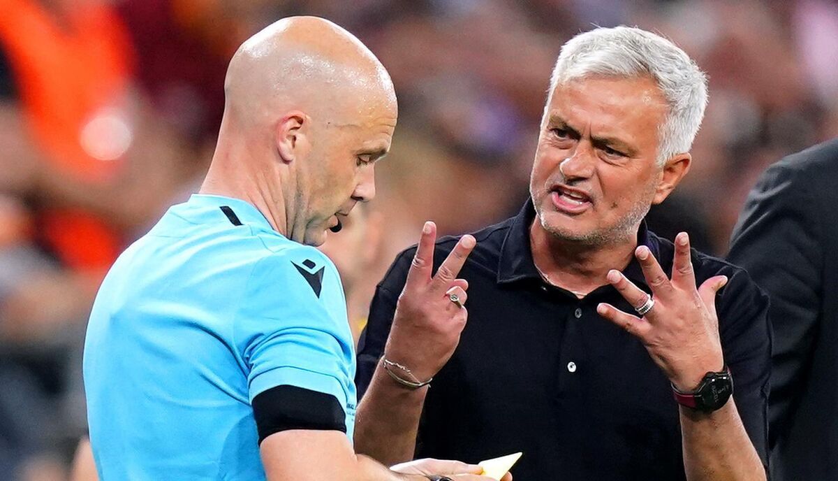 Roma manager Jose Mourinho exchanges words with referee Anthony Taylor at the UEFA Europa League final in 2023. Photo: Adam Davy/PA Roma manager Jose Mourinho exchanges words with referee Anthony Taylor at the UEFA Europa League final in 2023. Photo: Adam Davy/PA