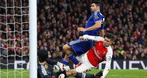 Chelsea's Diego Costa scores his side's first goal of the match during the Barclays Premier League match at theEmirates Stadium, London. Chelsea's Diego Costa scores his side's first goal of the match during the Barclays Premier League match at theEmirates Stadium, London.