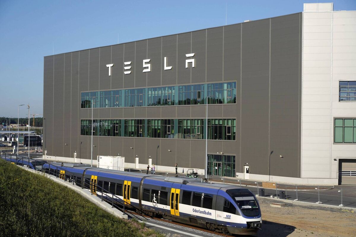 Tesla's premises on the eastern Berlin ring road where Musk told his workers: 'With every car we make, with every battery we make, we’re making the future better'. Tesla's premises on the eastern Berlin ring road where Musk told his workers: 'With every car we make, with every battery we make, we’re making the future better'.
