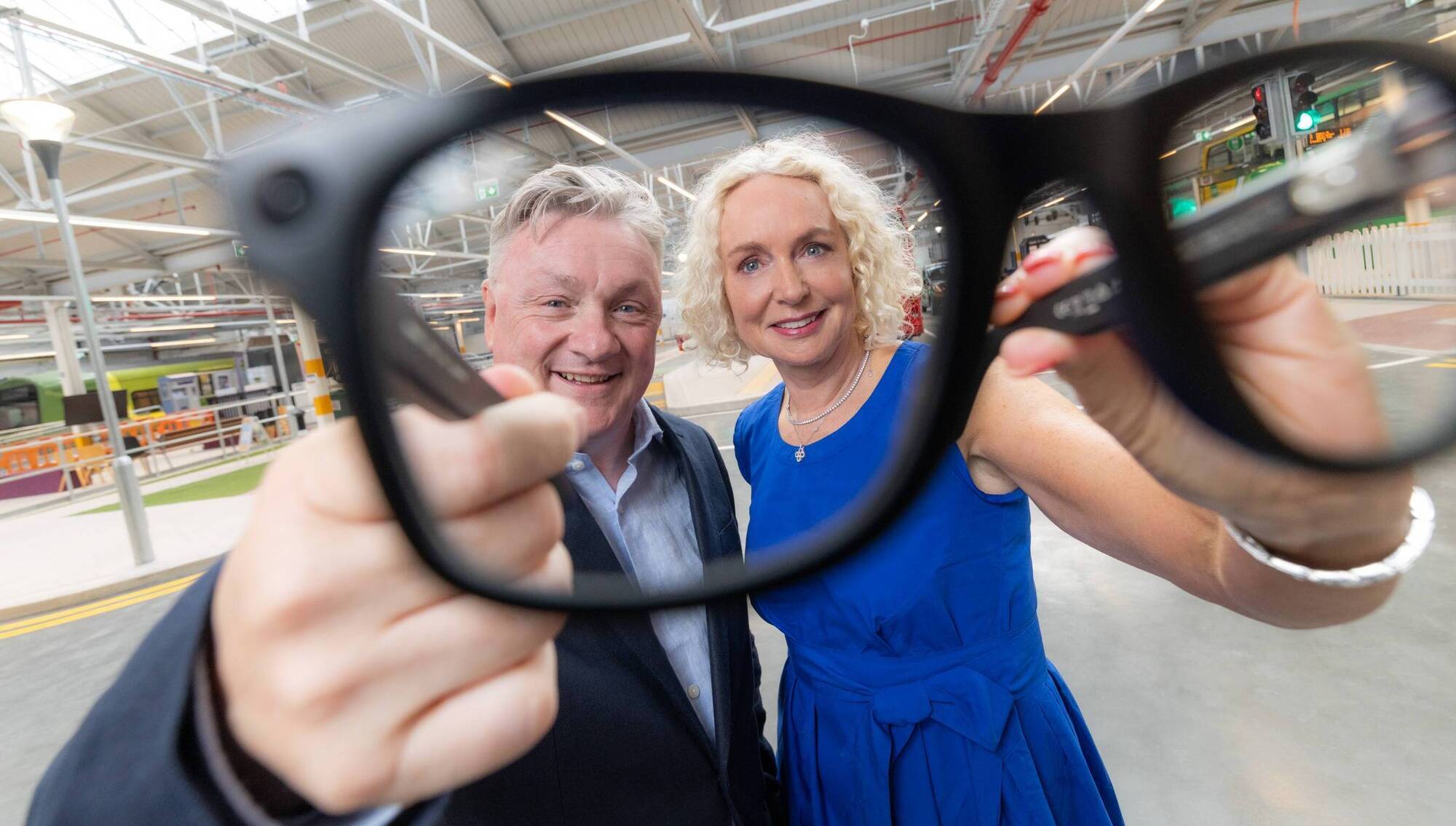 Chris White, group chief executive at Vision Ireland (left) and Anne O’Leary, head of Meta Ireland (right) at the launch in the Wayfinding Centre in Glasnevin of Meta's donation of 15,000 free Ray-Ban Meta AI glasses to Vision Ireland. Pic: Naoise Culhane