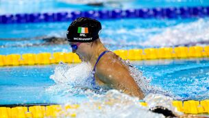 <p>28 July 2025; Mona McSharry of Ireland competes in the semi final of the Womens 100m Breaststroke during the World Aquatics Championships 2025 in Singapore. Photo by Ian MacNicol/Sportsfile</p>