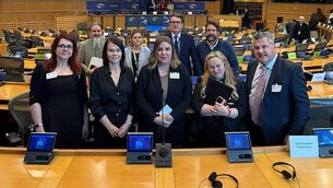 <p>Rebecca O' Riordan, left, and Alison Field, right, with Jane McKenna, Charlotte Cahill, and George Lawlor, Labour TD with Irish MEPS.</p>