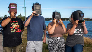 <p>The Nolan family from Carrigaline found their own way to watch the eclipse this evening, using welders' masks to view the spectacle from Haulbowline Island, Co Cork. Picture: David Creedon</p> <p>The Nolan family from Carrigaline found their own way to watch the eclipse this evening, using welders' masks to view the spectacle from Haulbowline Island, Co Cork. Picture: David Creedon</p>